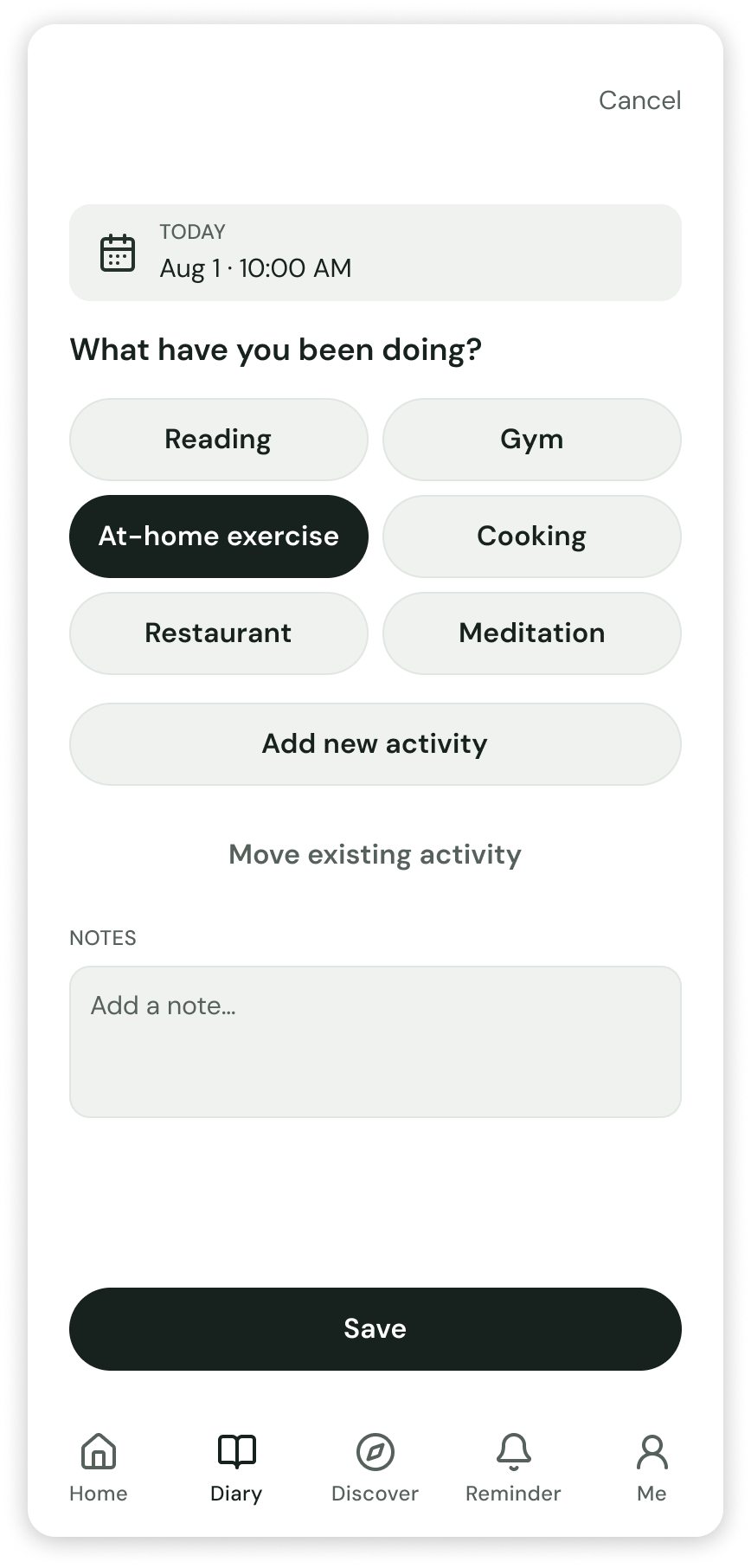 Before: a button-heavy activity entry form