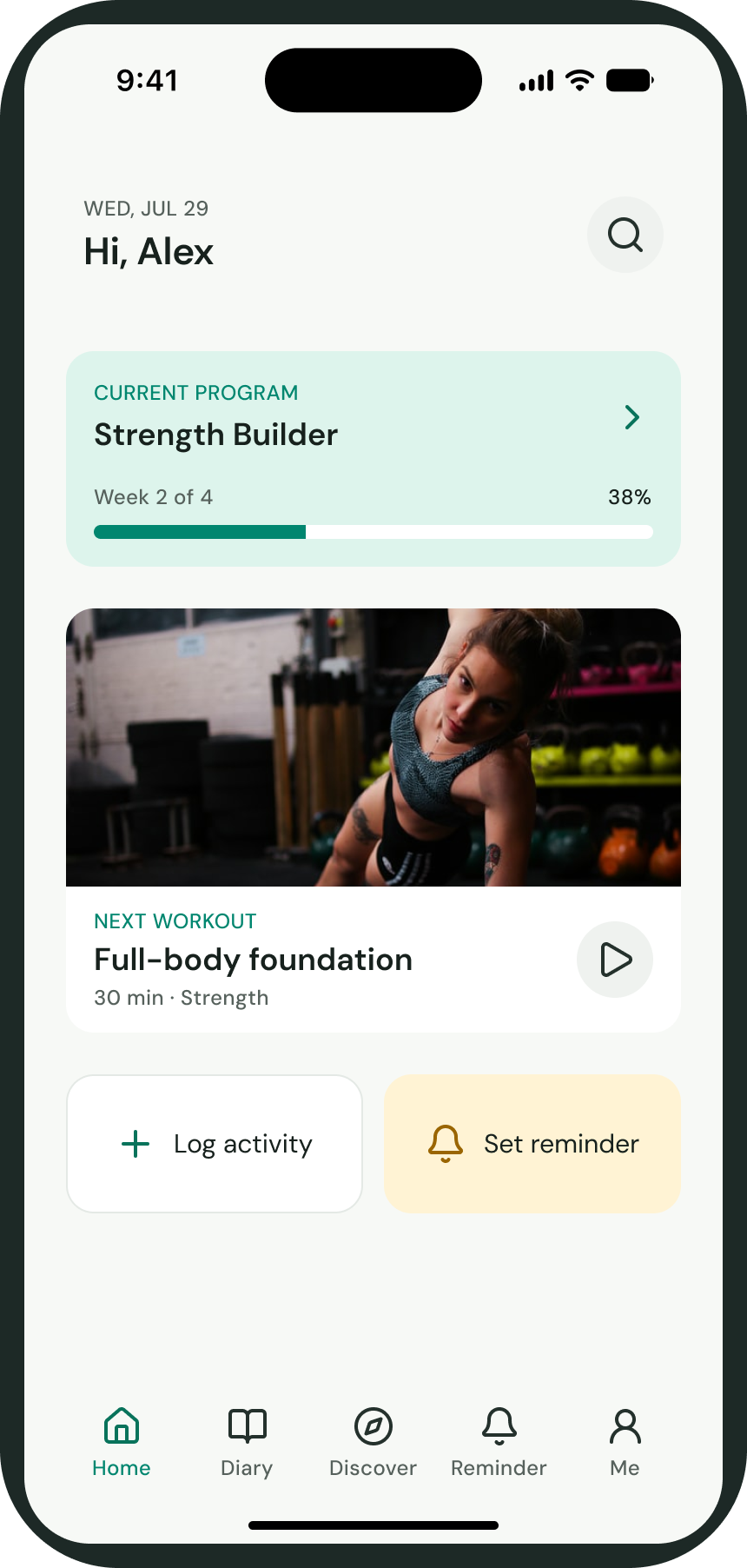 Olive Home showing the Strength Builder program and next workout