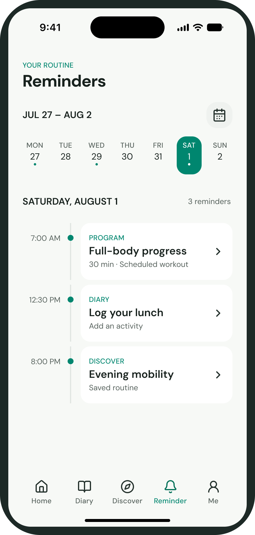Olive Reminder showing scheduled items from Program, Diary, and Discover