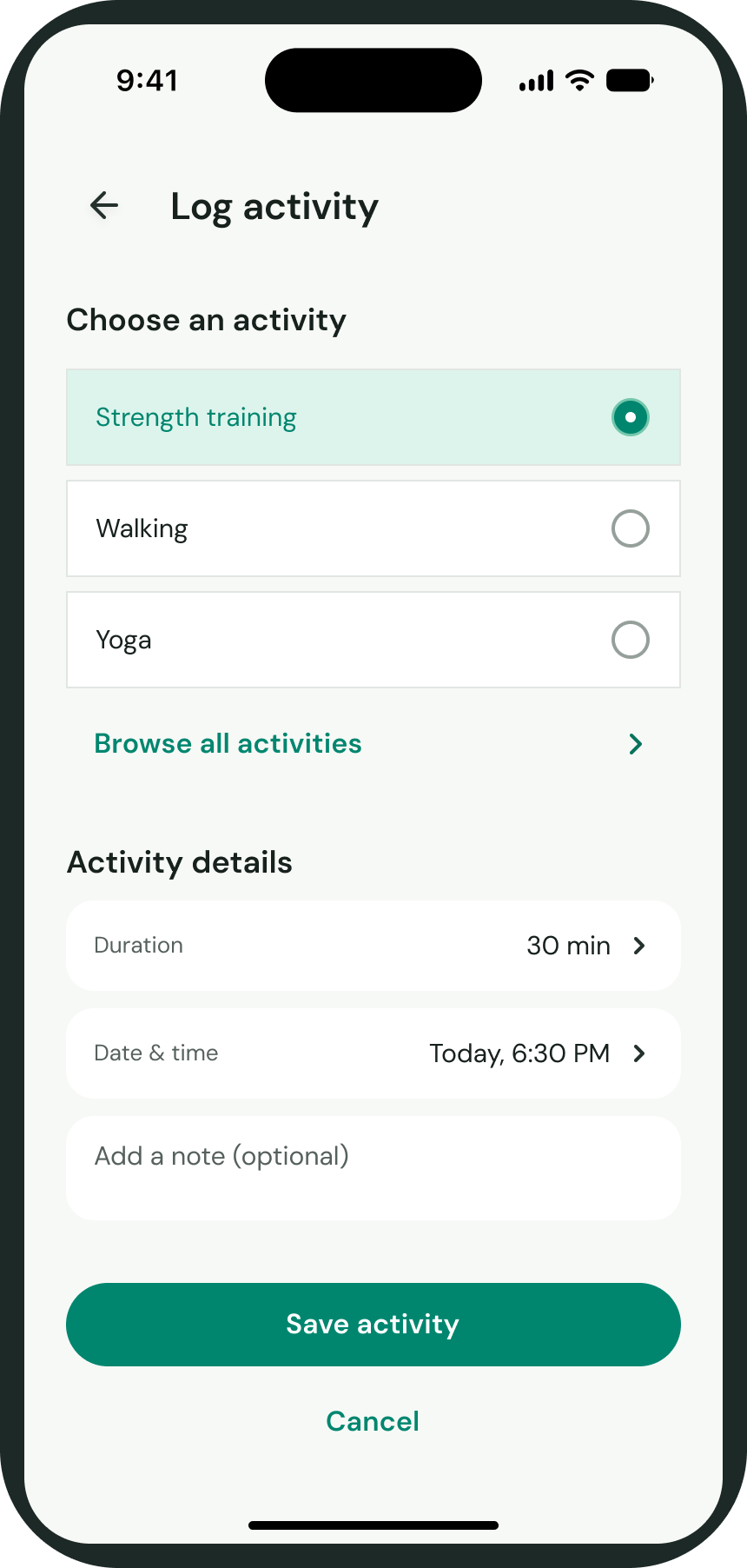 Olive Log Activity screen with Strength training selected