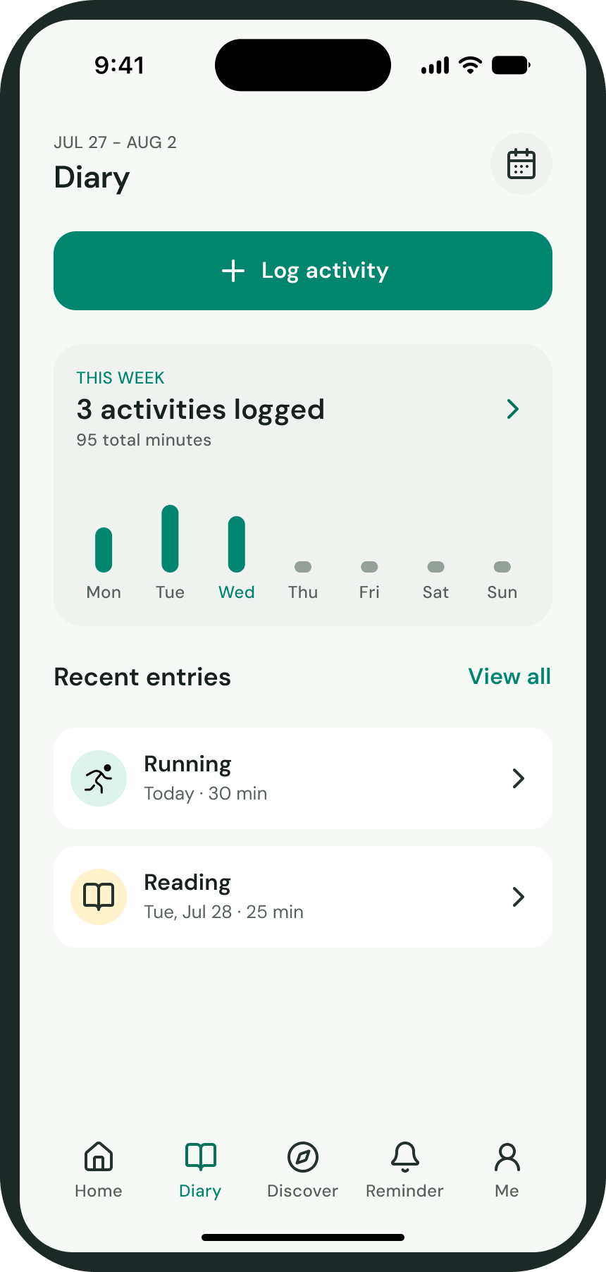 Olive Diary showing weekly activity and recent entries