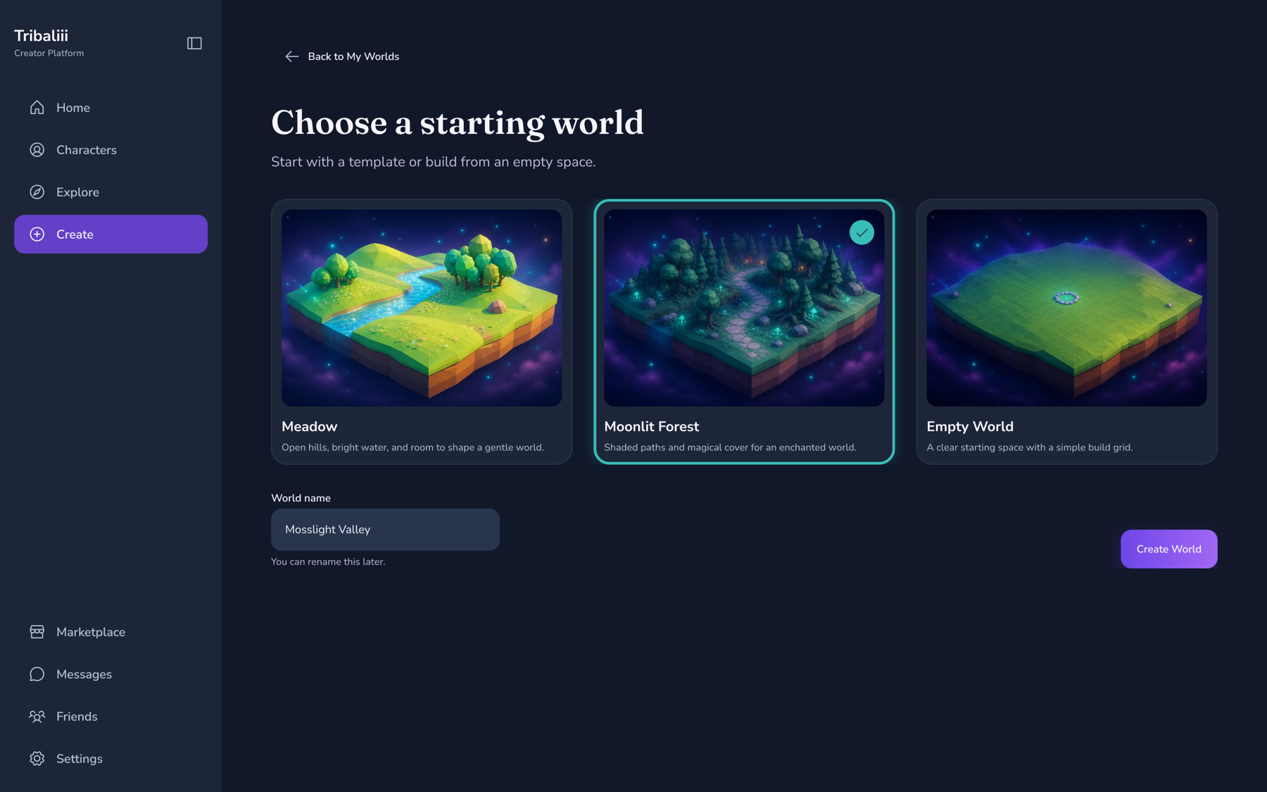 Choose a Starting World screen with Meadow, Moonlit Forest, and Empty World templates